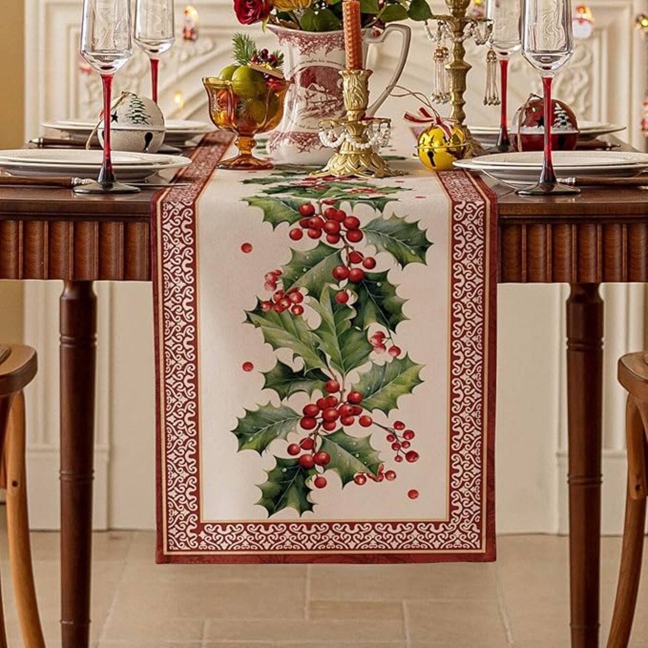 13 x 72 Inch, Printed Holly Christmas Satin Runners,Seasonal Winter Holiday Decoration for Kitchen, Dining Table, and Home Party Decor